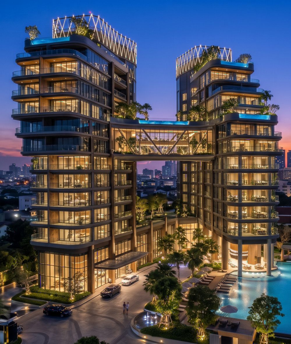 อาคารที่พักตึกแฝดริมแม่น้ำยามค่ำ เปิดไฟทุกชั้น มีสระว่ายน้ำและสวนด้านล่าง